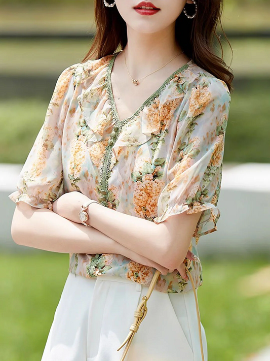 Elegant V-Neck Floral Printed Color Block Short Sleeve Top