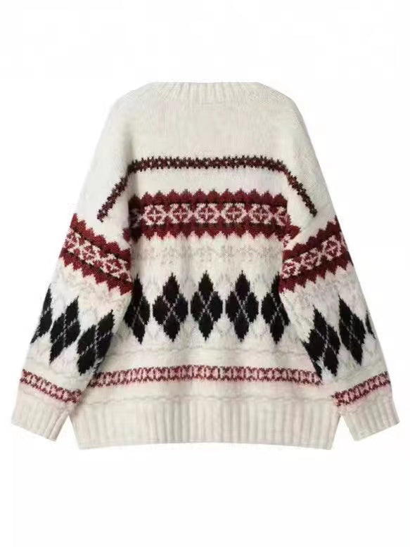 Geometric White Clashing Colours Pullover Sweater