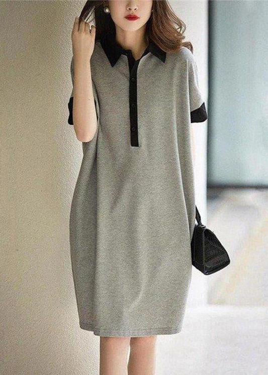 Clashing Black Peter Pan Collar Button Cotton Dress Short Sleeve