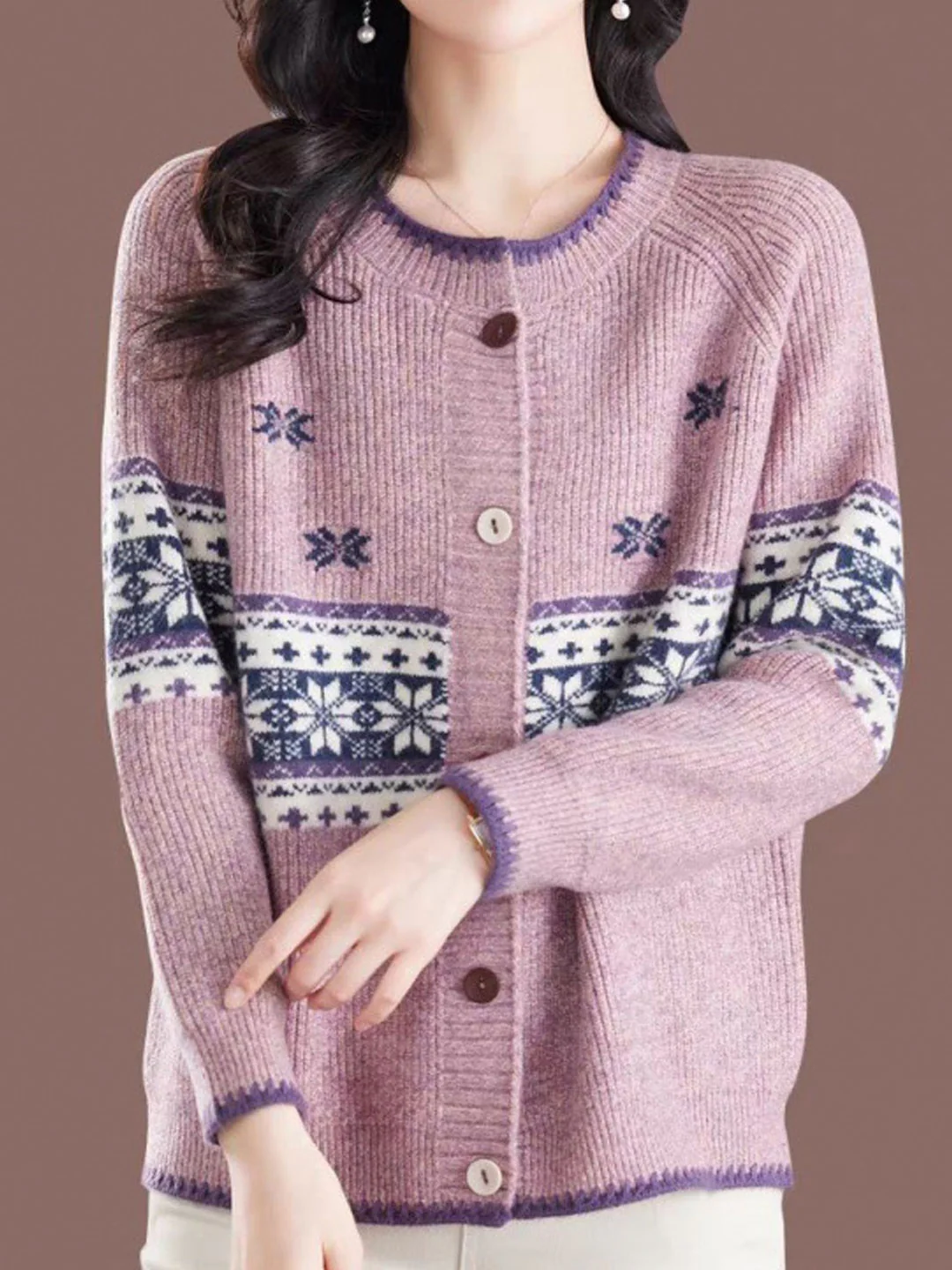 Women's Loose Classic Vintage Crew Neck Knit Cardigan