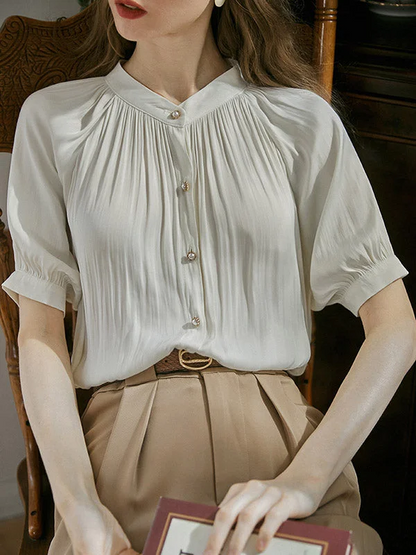 Women's White Round Collar Button Pleated Short Bubble Sleeve Shirt Spring