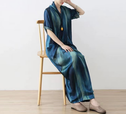 Loose Blue Smooth V-Neck Robe Dress