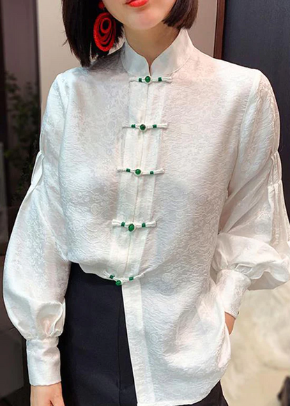 Chinese Style Standing Collar Button Jacquard Silk Lantern Sleeve Blouse Top