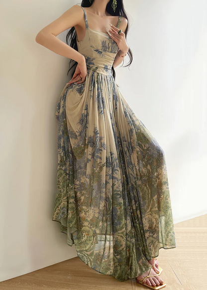 Elegant Ruched Printed Tulle Spaghetti Shoulder Dress