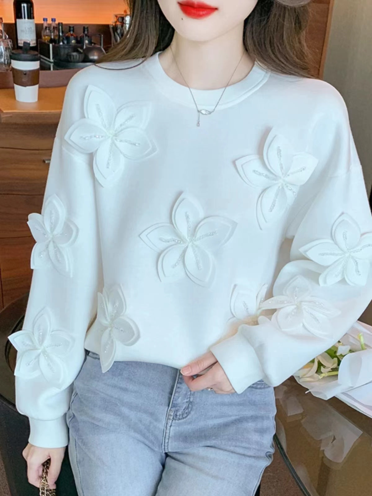 Beaded Floral Round Neck Long Sleeve Sweatshirt