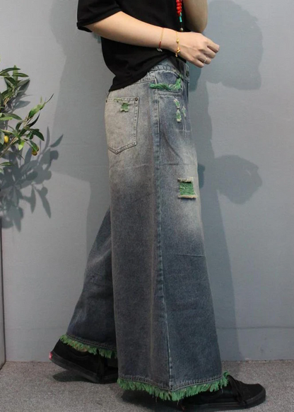 Fashion Pocket High Waist Spliced Denim Wide Leg Pants