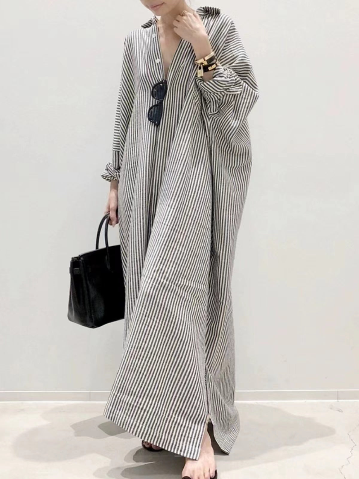 Loose Cotton Lapel Striped Long Sleeve Shirt Dress