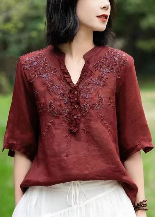 Loose V-neck embroidered quilted linen half-sleeve shirt