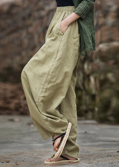 Quilted linen pants with loose pockets and elasticized waist