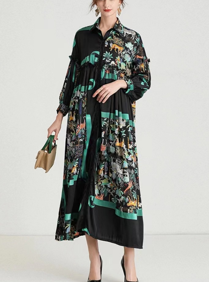 French Print Lapel Long Sleeve Cardigan Dress