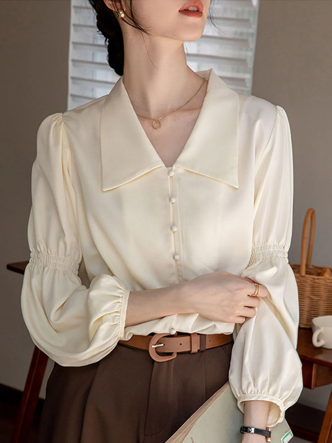 Elegant Lantern Sleeve Long Sleeve Lapel Blouse Top