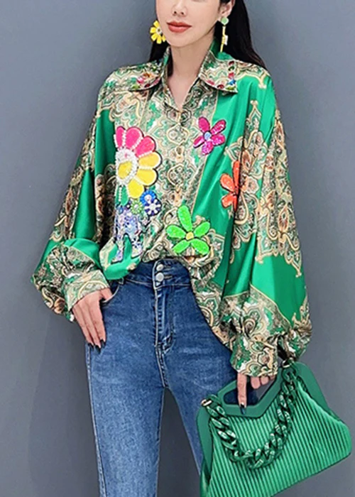 Fashion Green Nail Bead Print Patchwork Silk Blouse Batwing Sleeve Top