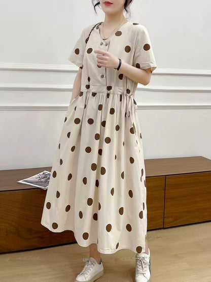 Women's Printed Dot Skinny Waist Tie Short Sleeve Long Dresses