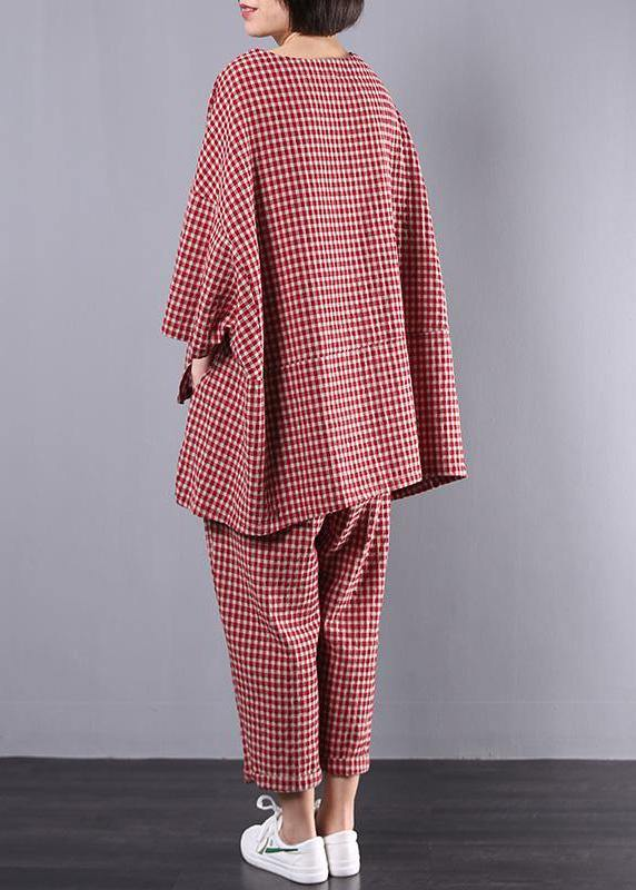 Plus Size Cotton and Linen Plaid Vintage Shirt and Pants Two Piece Set