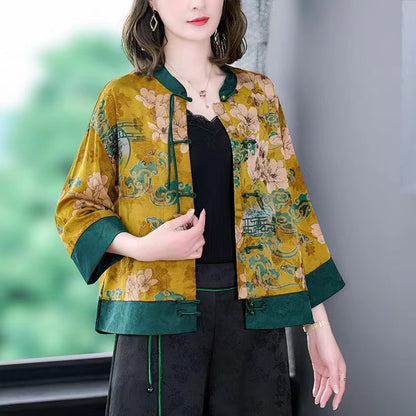 Chinese Style Printed Color Clashing Button Shirt Top