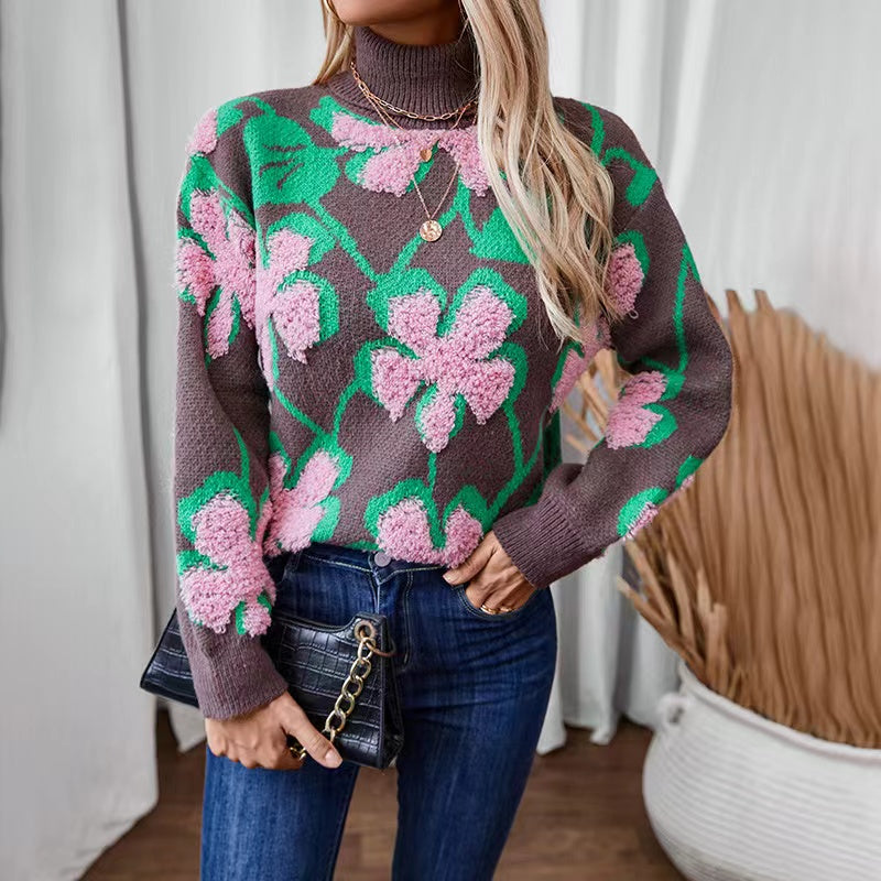 High Neck Brown Floral Clash Colour Knit Sweater