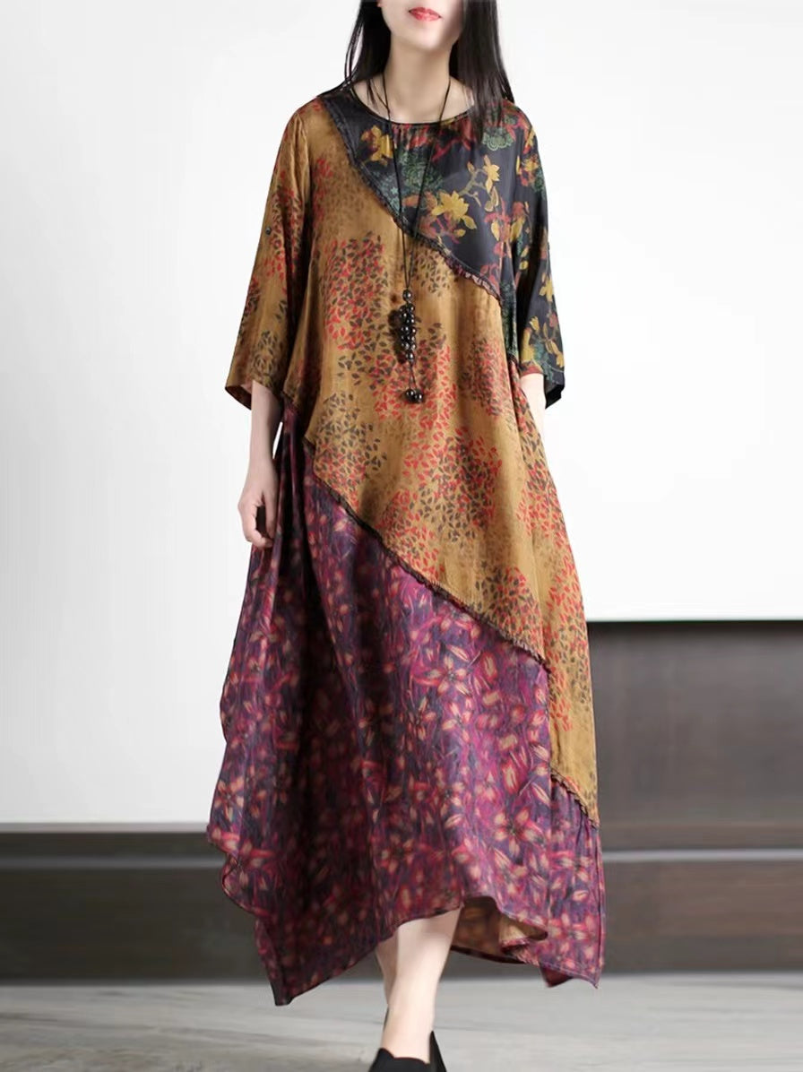 Loose round neck patchwork printed silk dress