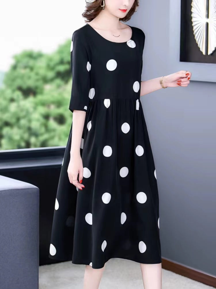 Round Neck Polka Dot Color Clash Short Sleeve Dress