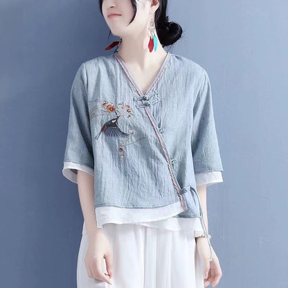 Elegant Embroidered Asymmetric Cotton Blouse Top