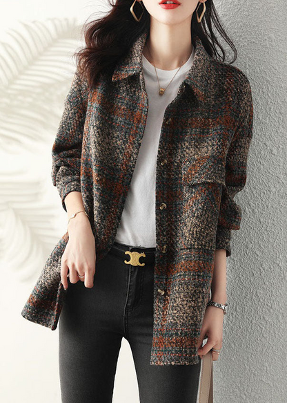 Elegant Pan Collar Plaid Button Jacket Long Sleeve