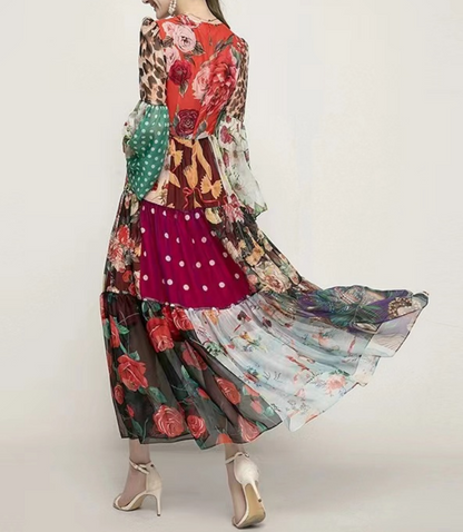 Elegant Printed Patchwork Flowing Hem Dress