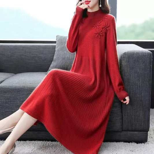 French Red Embroidered Floral High Neck Wool Knit Dress