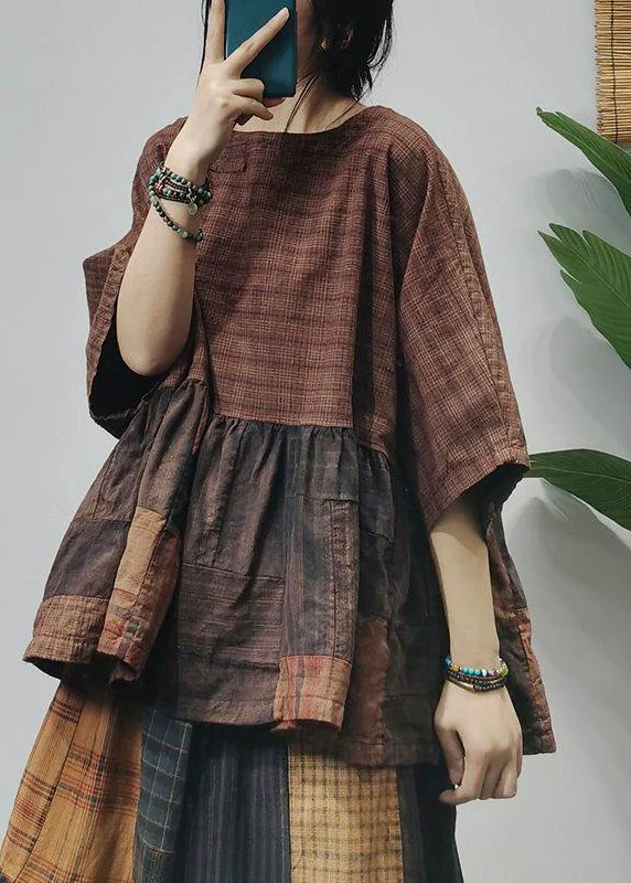 Casual Wrinkled Patchwork Plaid Shirt Half Sleeve