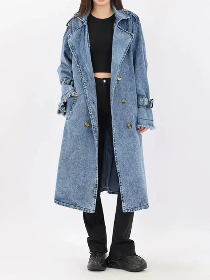 French suit lapel double-breasted knee-length denim trench coat