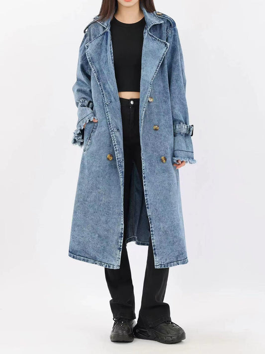 French suit lapel double-breasted knee-length denim trench coat