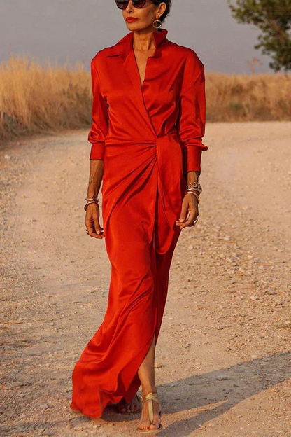 Satin Wrap Shirt Long Sleeve Maxi Dress