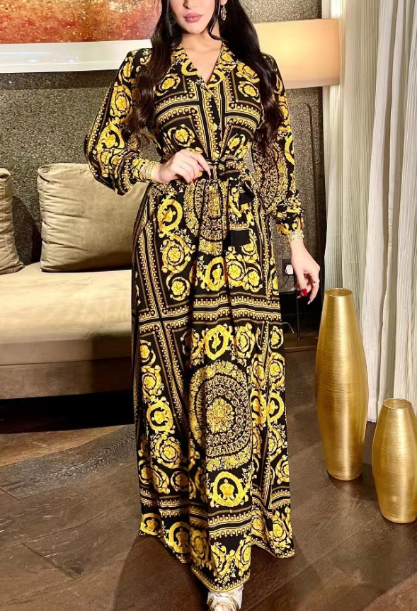 Elegant Printed Lapel Tie Dress