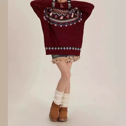 Loose Red Geometric Sweater