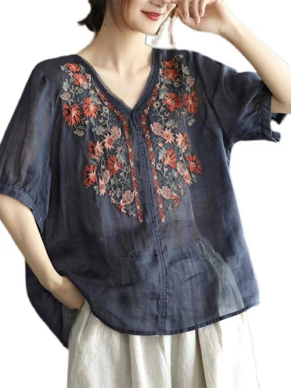 French Vintage Embroidered Cardigan Cotton Short Sleeve Shirt Top