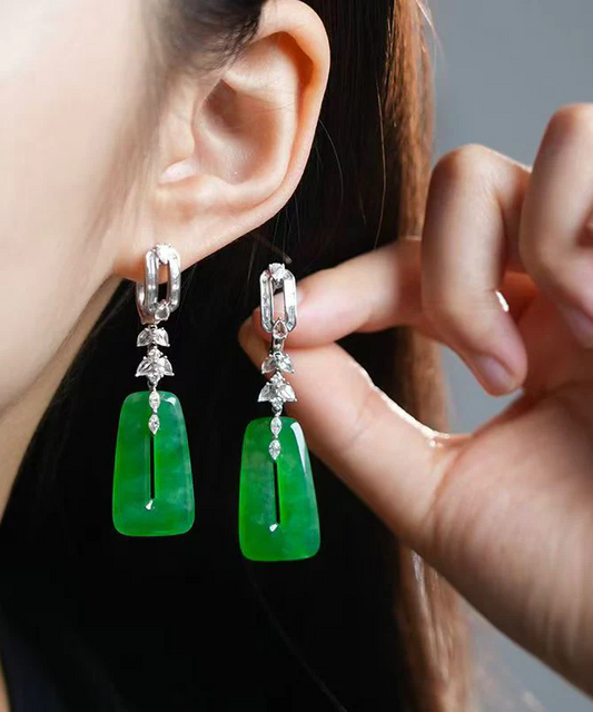 Women's Sterling Silver Jade Geometric Square Cutout Earrings