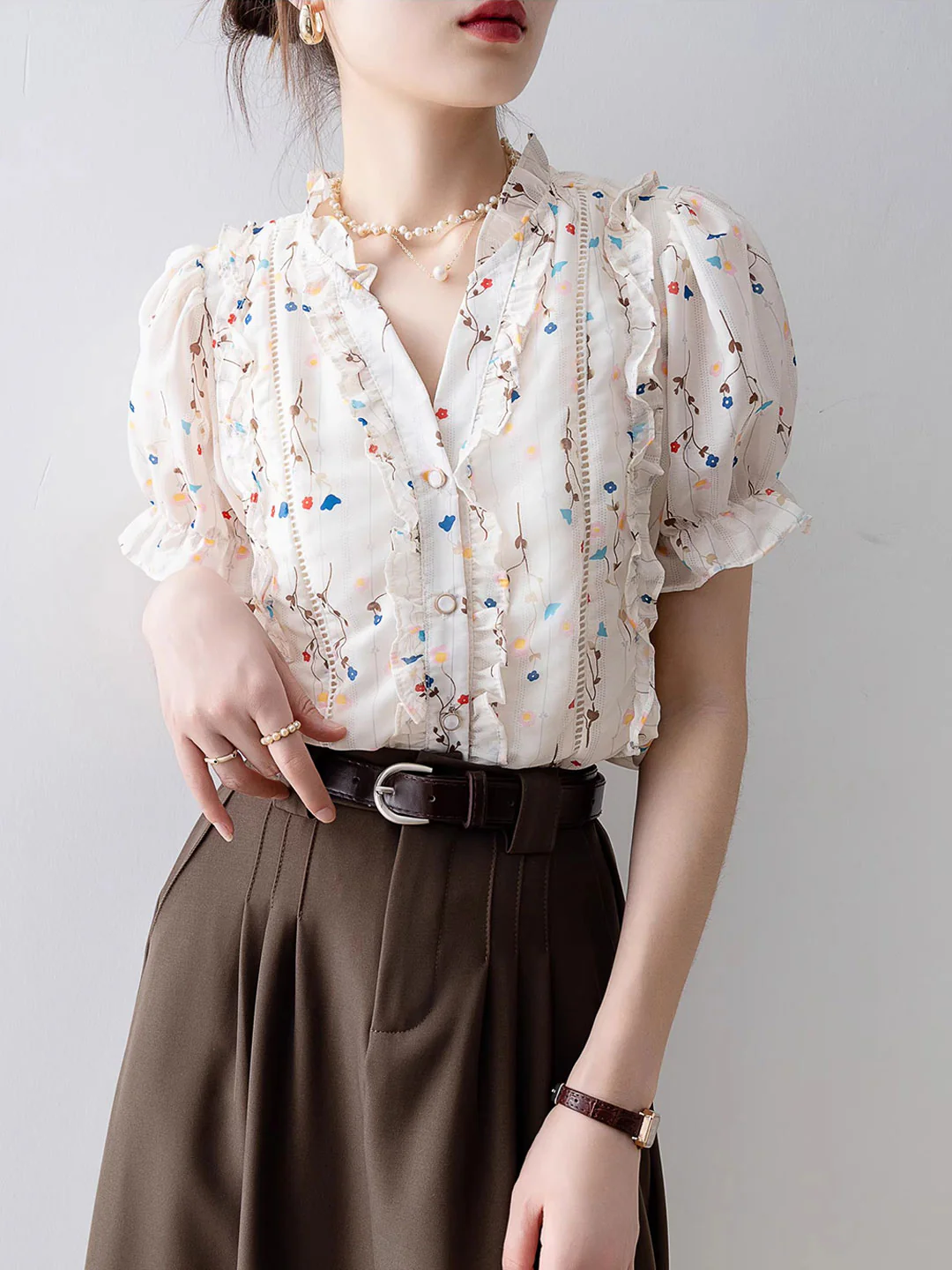 Elegant V-Neck Printed Chiffon Ruffle Short Sleeve Blouse Top