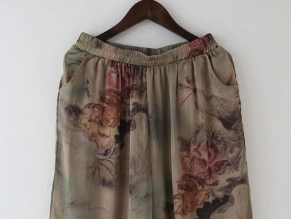 Loose Retro Printed Silk Cardigan Flutter Top + Wide Leg Pants Two Pieces