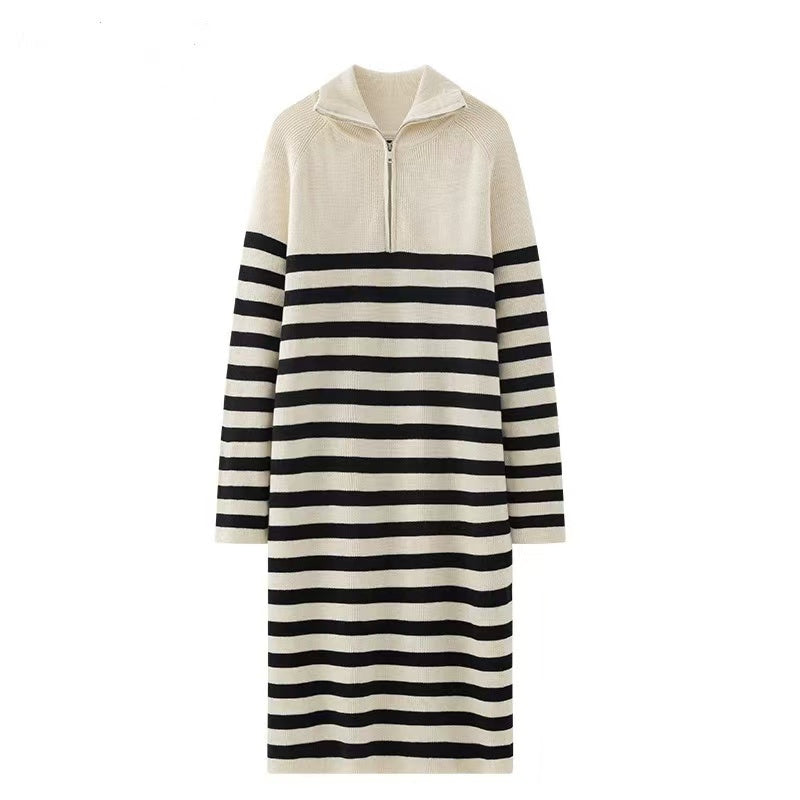 Loose Clashing Black And White Stripe Long Sleeve Knitted Sweater Dress