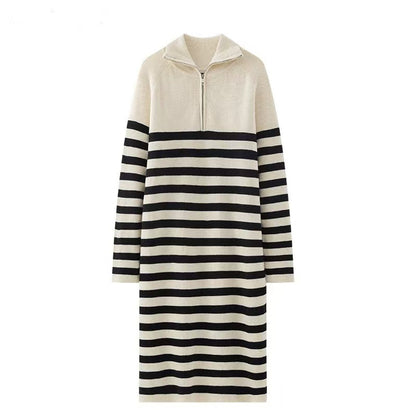 Loose Clashing Black And White Stripe Long Sleeve Knitted Sweater Dress