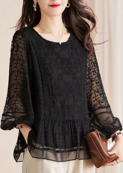 There are oh yo black embroidered cut-out lace blouse long-sleeved blouse