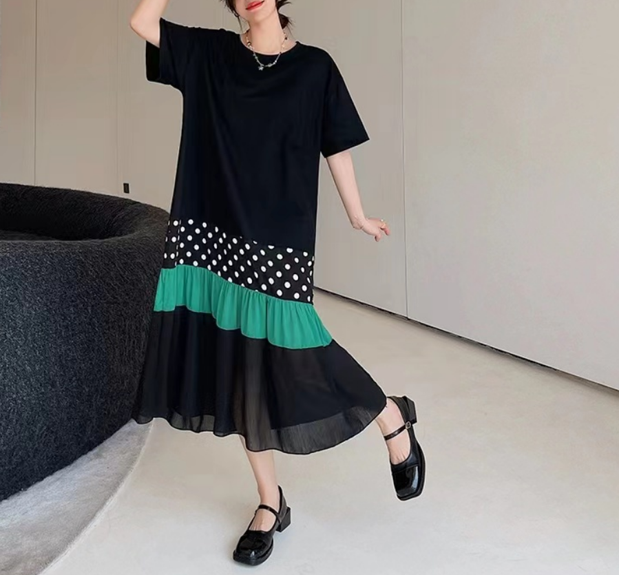 Round Neck Patchwork Color Block Short Sleeve Dress