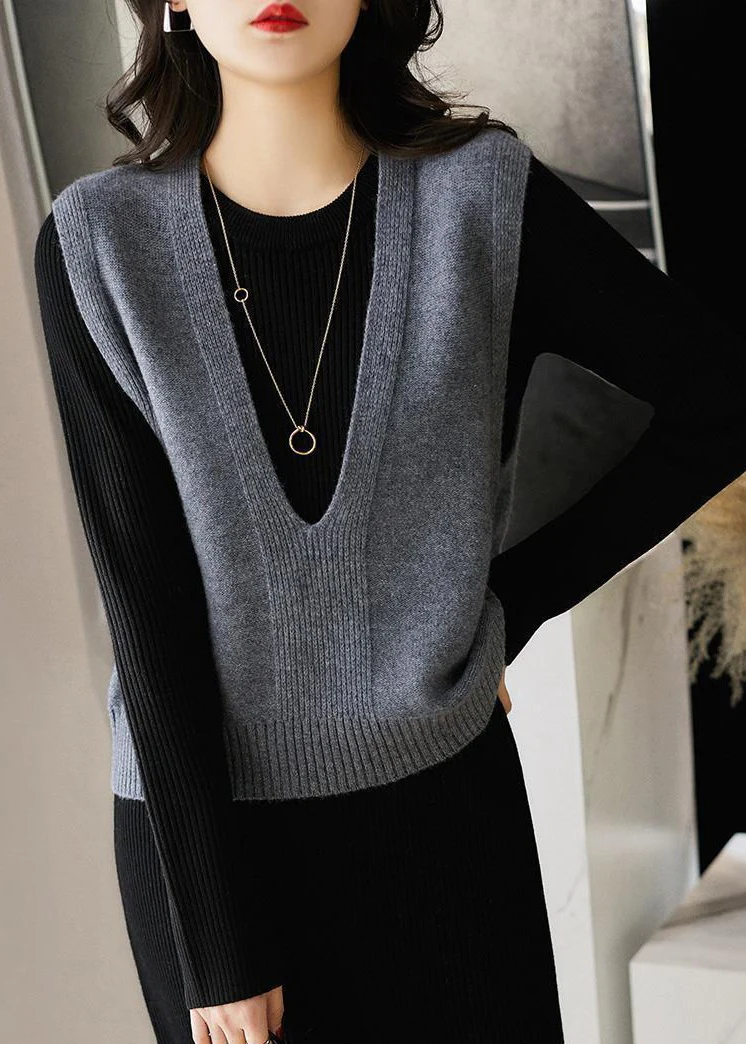 Simple V-neck patchwork knit vest sleeveless