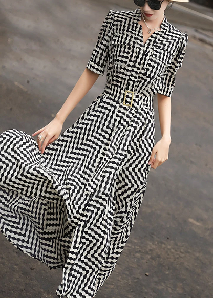 Women's Black Striped Tie Waist Dress Summer