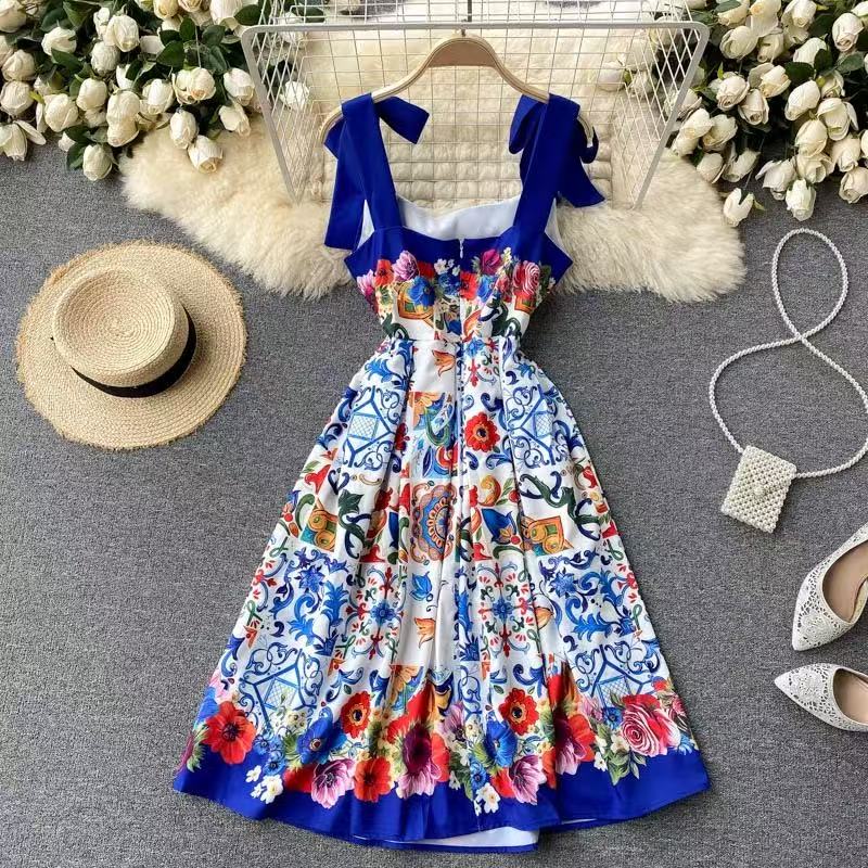 Printed Casual Pattern Patchwork Square Neck Sleeveless Long Dress Spring Summer