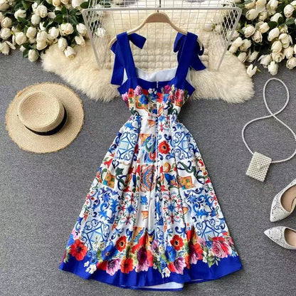 Printed Casual Pattern Patchwork Square Neck Sleeveless Long Dress Spring Summer