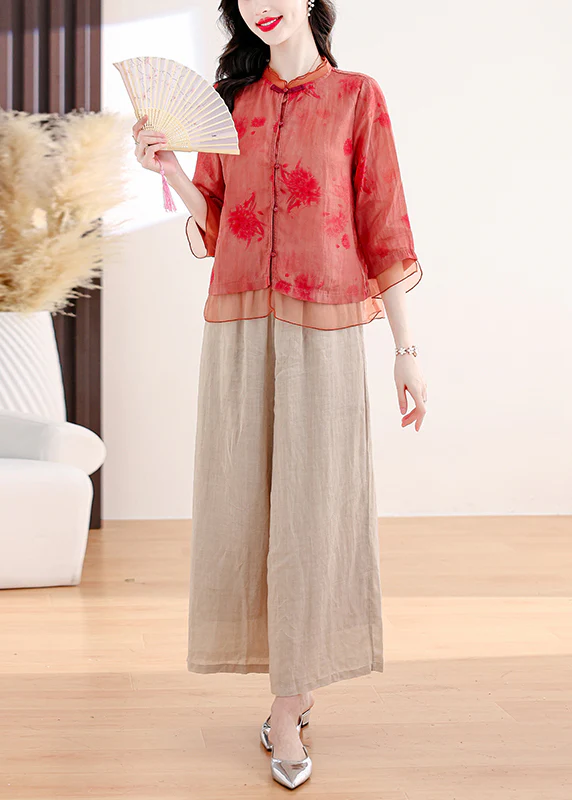 Elegant printed top and pants linen two-piece set