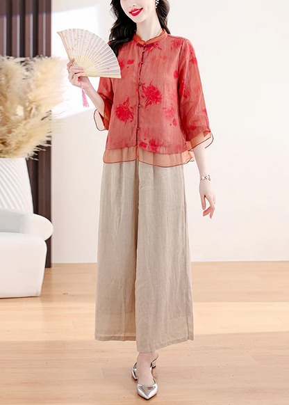 Elegant printed top and pants linen two-piece set