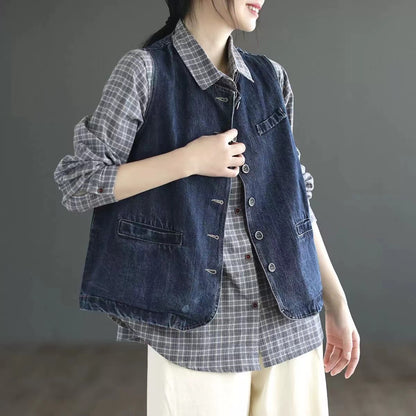 Pocket Short Patchwork Denim Vest Sleeveless