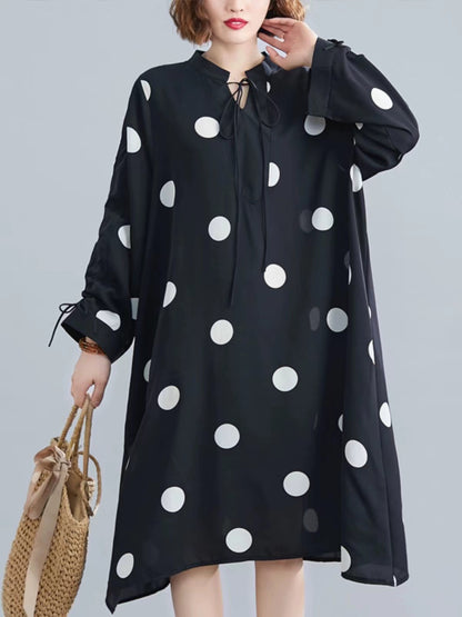 Plus Size Stand Up Neck Printed Polka Dot Tie Long Sleeve Dress