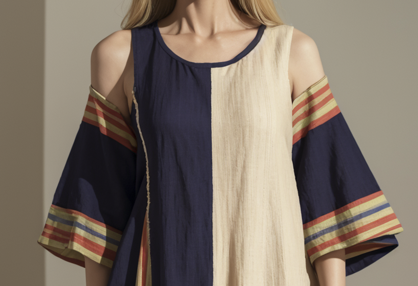 Loose colour blocked round neck cotton striped asymmetric short sleeve dress