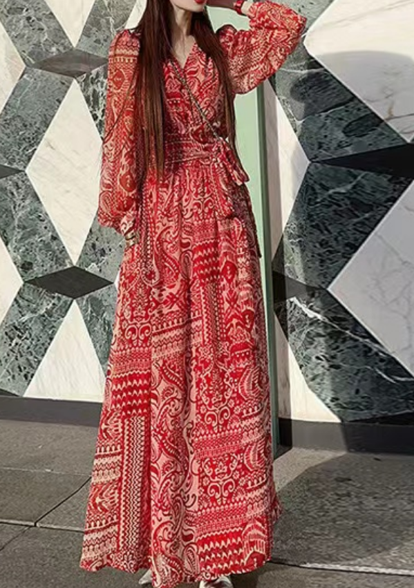 French Waisted Printed Long Sleeve Long Dresses